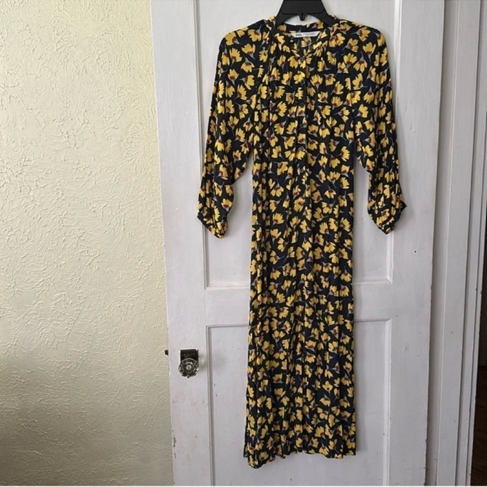 Zara Boho Navy Yellow Floral Long Sleeve Button Front Maxi Dress